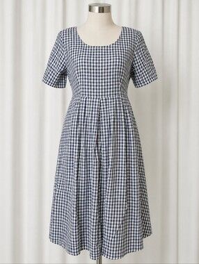 Vintage Great Times Blue Gingham Pleated Tie Back Cottagecore Midi Prairie Dress